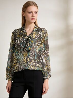 Bobeau Sheer Floral Tie Neck Blouse XS Teal Yellow Brown